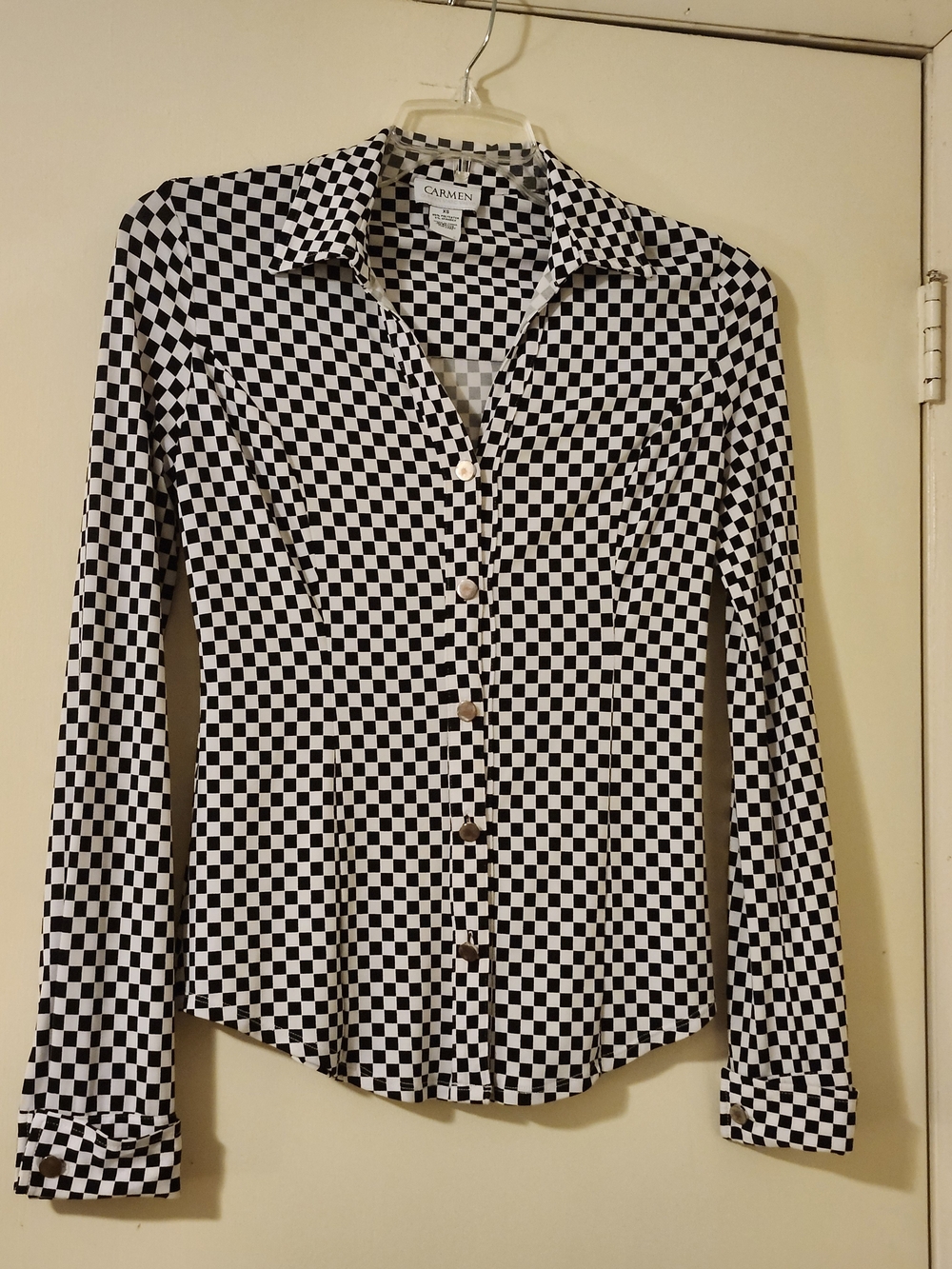 VTG Carmen Marc Valvo Y2K Black & White Checkered Button-Down Shirt XS
